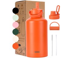 VANN® 3-Wandige RVS Waterfles 2 Liter met rietje voor volwassenen – Met 5 accessoires – thermoskan 2 liter – 24 uur koud/12 uur warm – Oranje – Cadeau voor man en vrouw – VANN ULTIMATE BOTTLE®