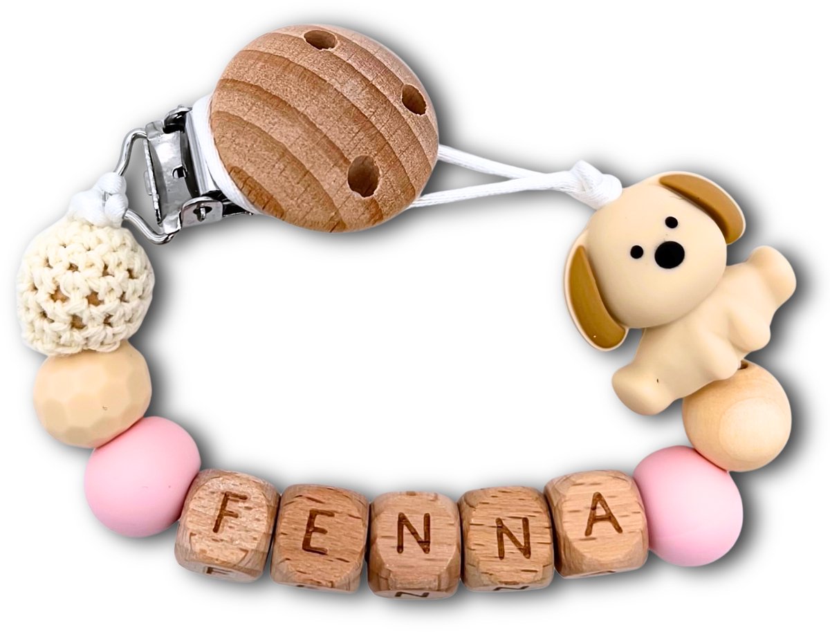 Speenkoord met naam - Hond | Personaliseer - Roze - Kraamcadeau - Speenketting - Babycadeau - Babyshower