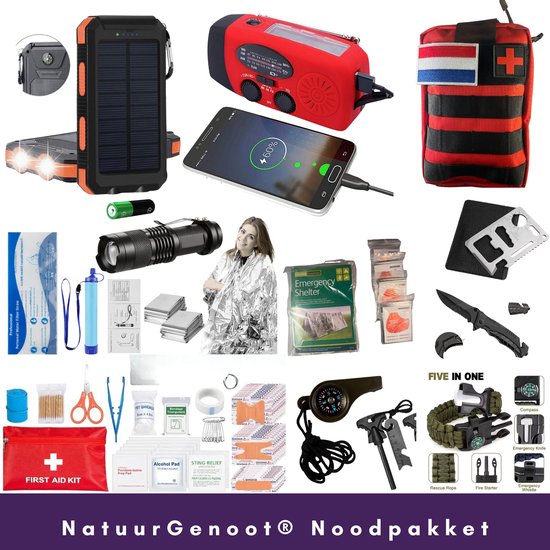 Compleet Noodpakket 72 Uur – Opwindbare Noodradio 2.000mAh – Powerbank 10.000mAh-Waterfilter – Nooddeken – Noodfluitje – Survival Kit- Emergency kit