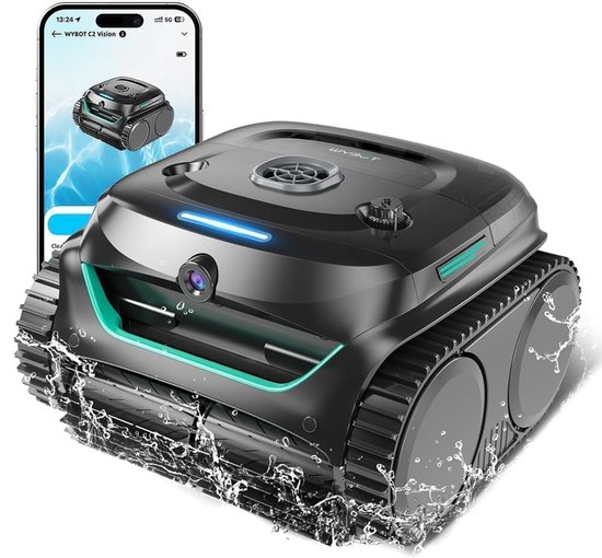 WYBOT C2 Vision Snoerloze Zwembadrobotstofzuiger, Vuildetectie met AI-camera, 8-in-1 Hoofdreiniging, Tweelagige Filtering, Borstelloze Motoren voor Krachtige Zuigkracht,voor Zwembaden tot 1940m²,Zwart Groen, Bijgewerkte Nederlandse gebruiksaanwijzing