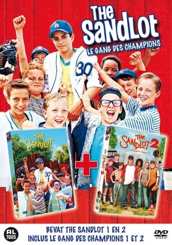 Poster met de film "The Sandlot" en "The Sandlot 2". Een groep jongens lach op de posters. Text in Dutch.