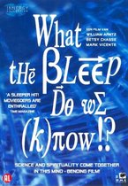 De titel van de film 'What the Bleep Do We Know!?' in grote witte letters op een blauwe achtergrond. Er zijn quotes en filmtitels in kleiner wit.