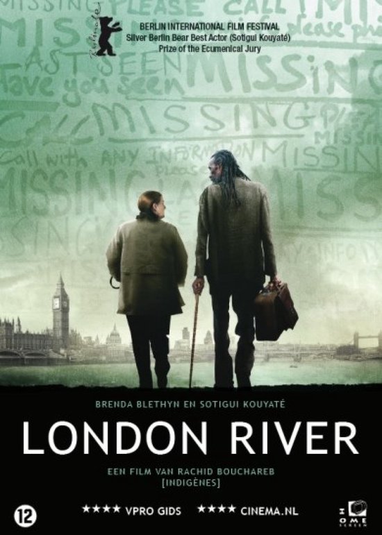 Filmaffiche voor 'London River' met twee personen die op de achtergrond een stad en tekst tonen.