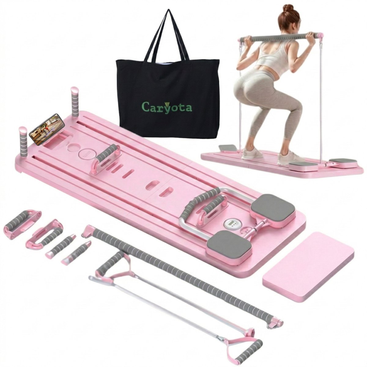 Caryota Pilates Board - Reformer Voor Thuis Workout - Inklapbare Buikspiertrainer - Squat Bar - Stopwatch - Voorbeeldoefeningen - Telefoonhouder - Opbergtas Ook Voor Onderweg