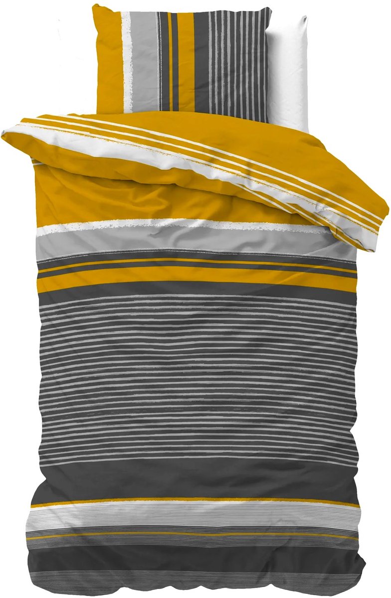 1-persoons dekbedovertrek (dekbed hoes) goud geel (okergeel) gestreept met smalle strepen / banen in het zwart, wit en antraciet grijs GEMENGD KATOEN eenpersoons 140 x 220 cm (trendy beddengoed slaapkamer)