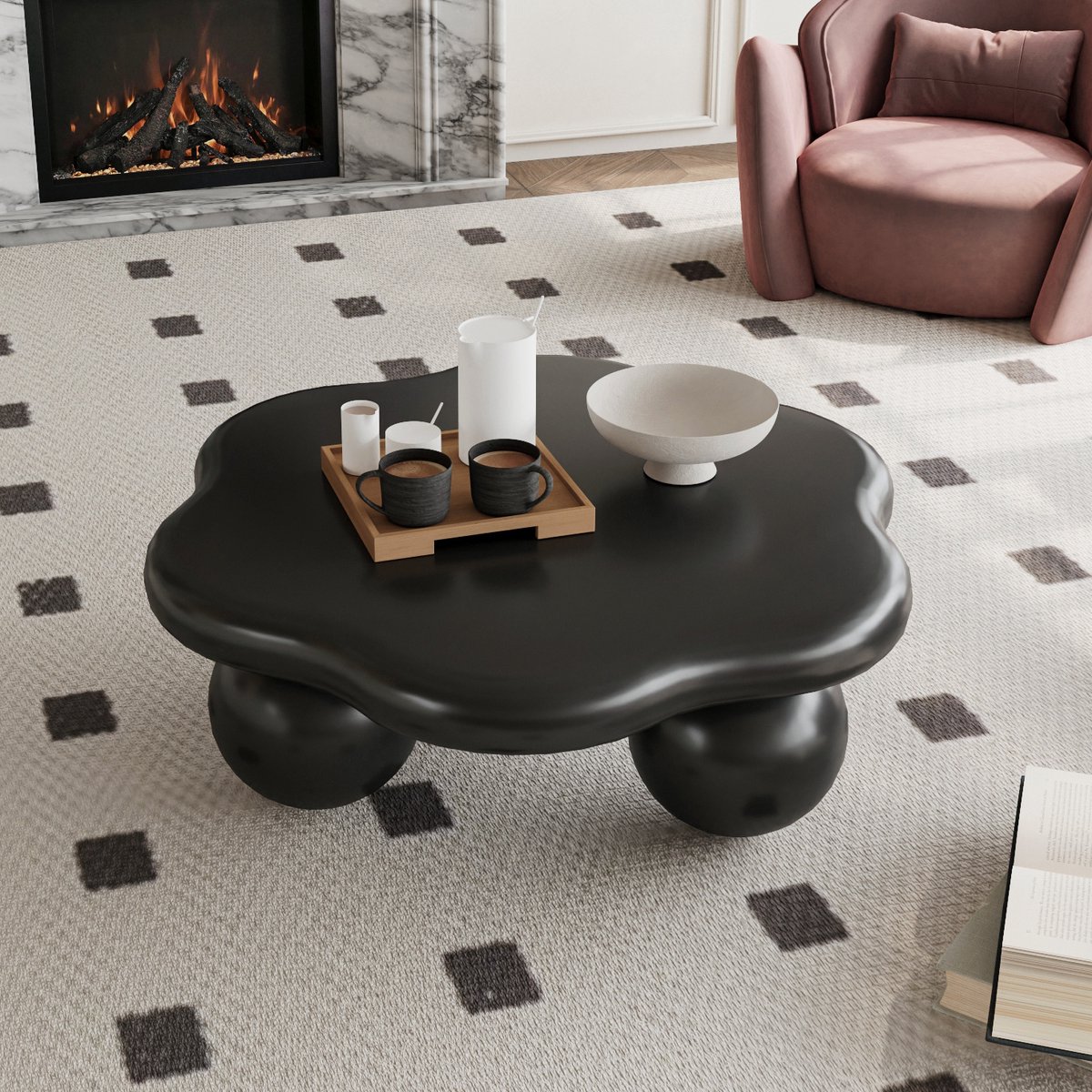 Wishdor Salontafel - Wolkvormig - Afgeronde Randen - Minimalistisch - Woonkamer - MDF En Kunststof - Zwart - Ø80 X H35 Cm