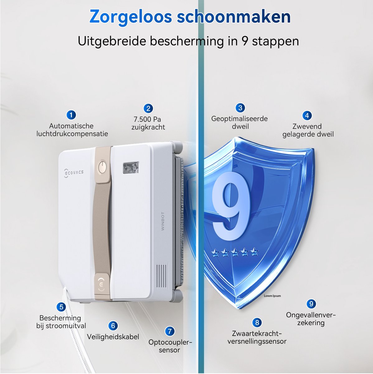 Ecovacs Winbot Mini Robot Ramenwasser - Robot Ramenreiniger - Ruitenreiniger - 9 ‑Traps Veiligheidssysteem - Dubbele Sproeiers Met Ultrasone Verneveling - Intelligente Routeplanning - 3 Reinigingsmodi - Beige - Voor Ramen, Spiegels, Glazen Deuren thumbnail 6