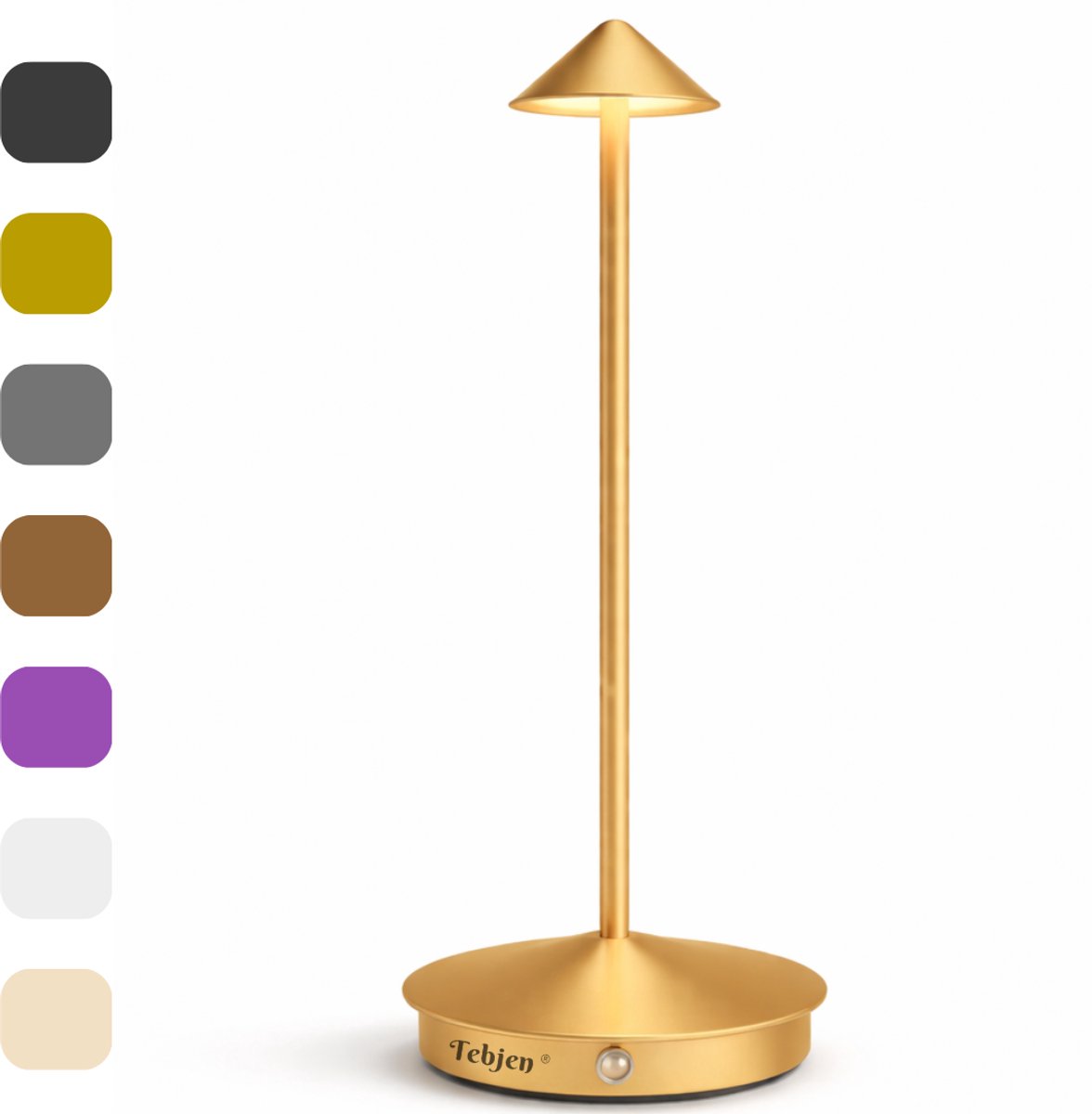 TEBJEN Oplaadbare Tafellamp Draadloos – LED Bureaulamp met Touch Control – 20 uur Batterij (2500mAh) – Incl. USB-C Kabel – Nachtlamp & Leeslamp – Binnen & Buiten – Goud