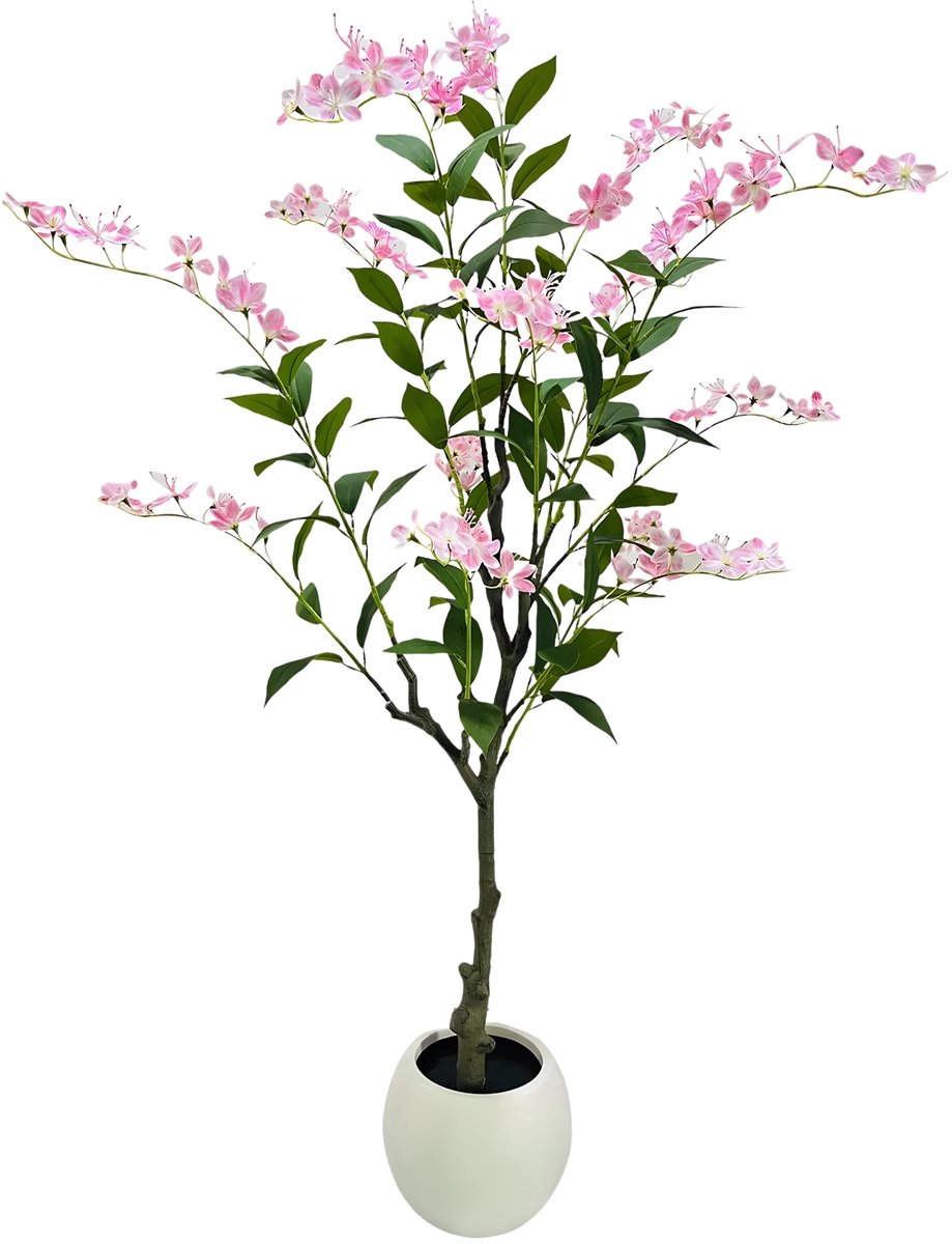 Happiq Kunstmatige Jasmijnboom - Voor Thuiskantoor & Binnen - Nepbloemplant, Faux Stijl - Witte Plantenbak - Flower Tree-150cm White