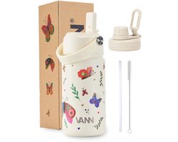 VANN® 3-Wandige Drinkfles en Schoolbeker voor kinderen met rietje in 1 – 400 ML – RVS – Met 4 accessoires – 24 uur koud/12 uur warm – Butterfly