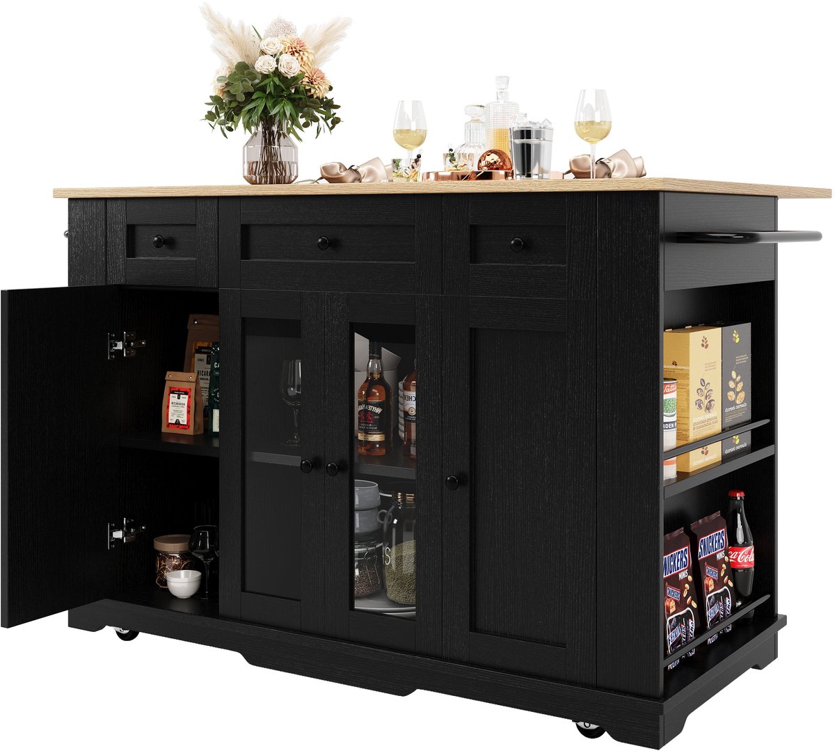Merax Keukeneiland met Uitschuifbaar Werkblad en Wielen - Keukenwagen met Lades Kast en Glazen Deur - Buffetschrank met Opbergruimte en Verstelbare Planken - Zwart Houtlook