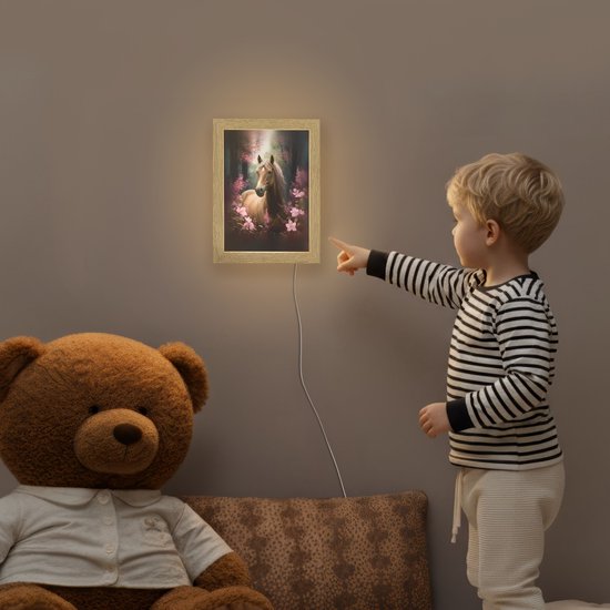 Nachtlampje 15x20 cm - Kinder lamp - Paard - Bloemen - Roze - Natuur - Bos - Tafellamp kinderkamer - Slaapkamer lamp - Bedlamp kinderen - Kinderlampje stopcontact - Wandlamp babykamer - Nachtlampjes van Merkloos — afbeelding 5