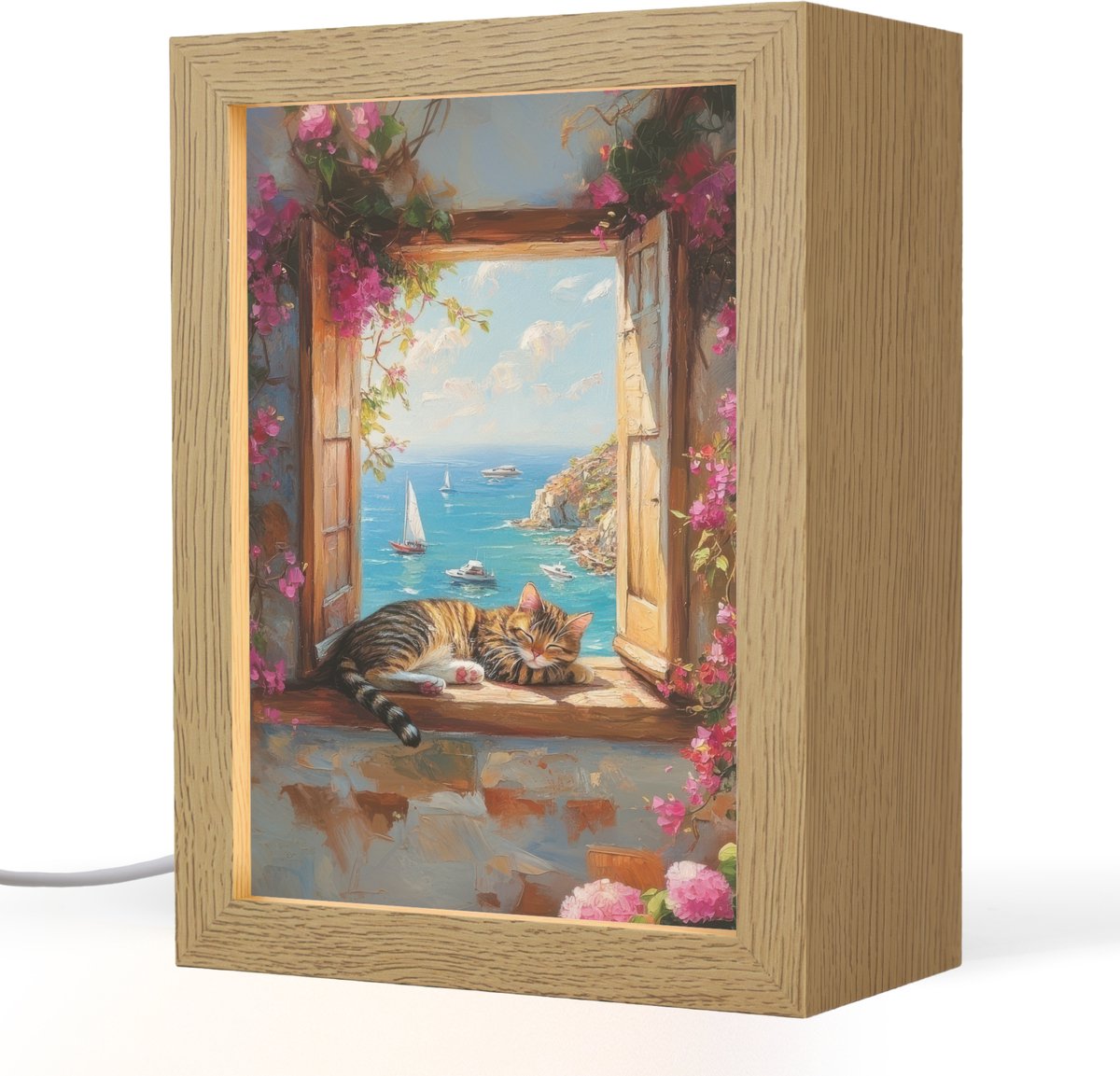 Tafellamp 15x20 cm - LED lamp - Kat - Blauwe zee - Roze bloemen - Decoratieve tafellampen - Dimbaar - Tafellampje slaapkamer - Woonkamer binnen