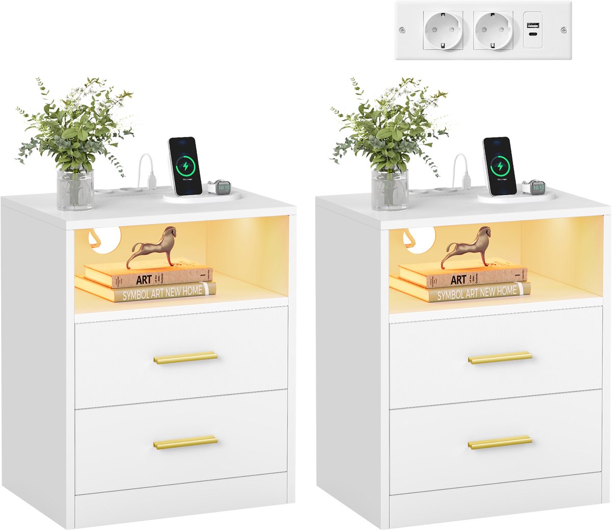 Vasagle Nachtkastjes - Set van 2 - Met Stopcontacten en USB - LED Verlichting - Lades en Open Vak Wolkenwit