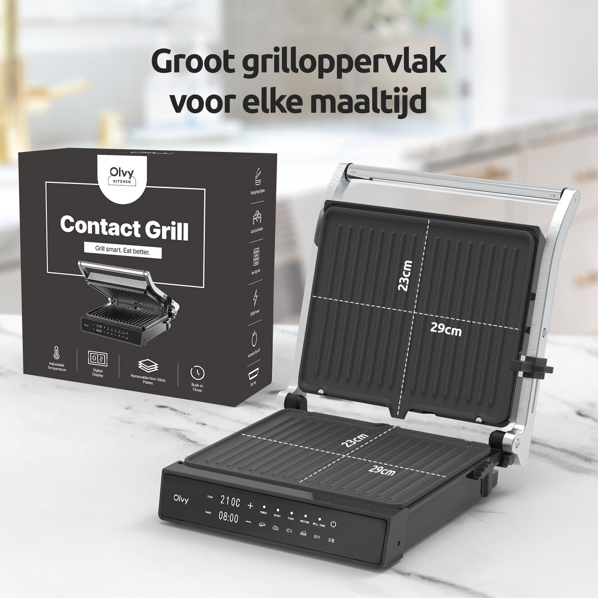 Olvy Contactgrill XL - Uitneembare PFAS-vrije platen - 180º Uitklapbaar - Vaatwasserbestendig - Met Temperatuurregeling - Panini - Croque Monsieur Toestel - Grill Apparaat - Tosti Ijzer - Apparaten thumbnail 2