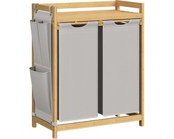 SONGMICS - Wasmand - 2 Vakken - Bamboe - 100 L - Wassorteerder - Met Legplank - Kleine Zijvakken - 2 x 50 L
