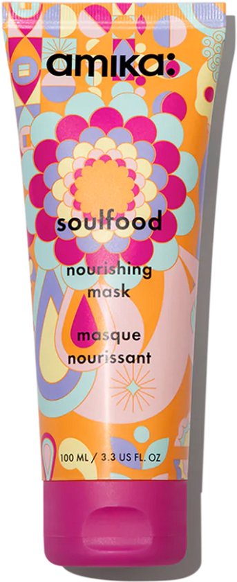 Oranje tube amika soulfood voedend masker met kleurrijk bloemen- en druppelpatroon. 100 ml / 3.3 US FL. OZ.
