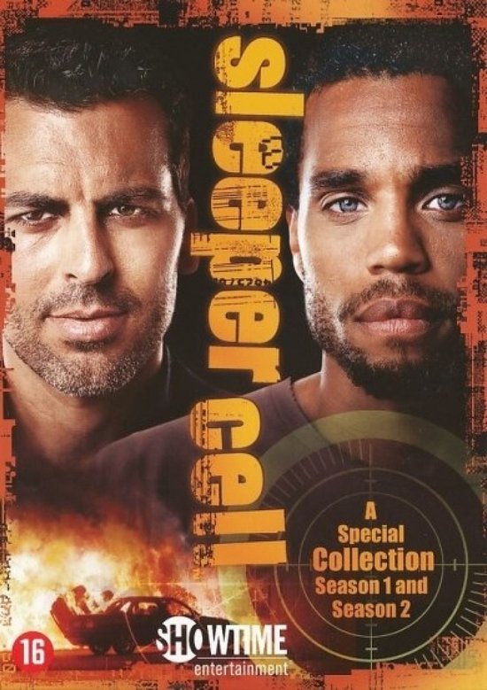 Twee mannen kijken naar de camera, met de tekst "Sleeper Cell" en "A Special Collection Season 1 and Season 2".