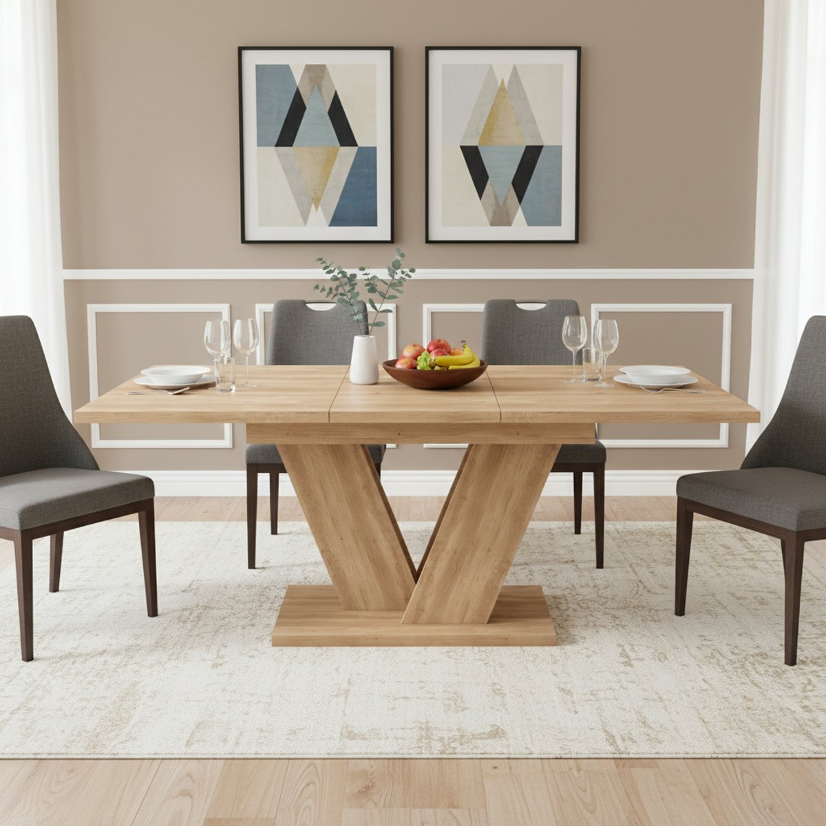 Uitschuifbare eettafel 140/180x80 cm - geschikt voor 4-6 personen - rechthoekig - verdikt tafelblad - V-vormige tafelpoten - eikenkleur