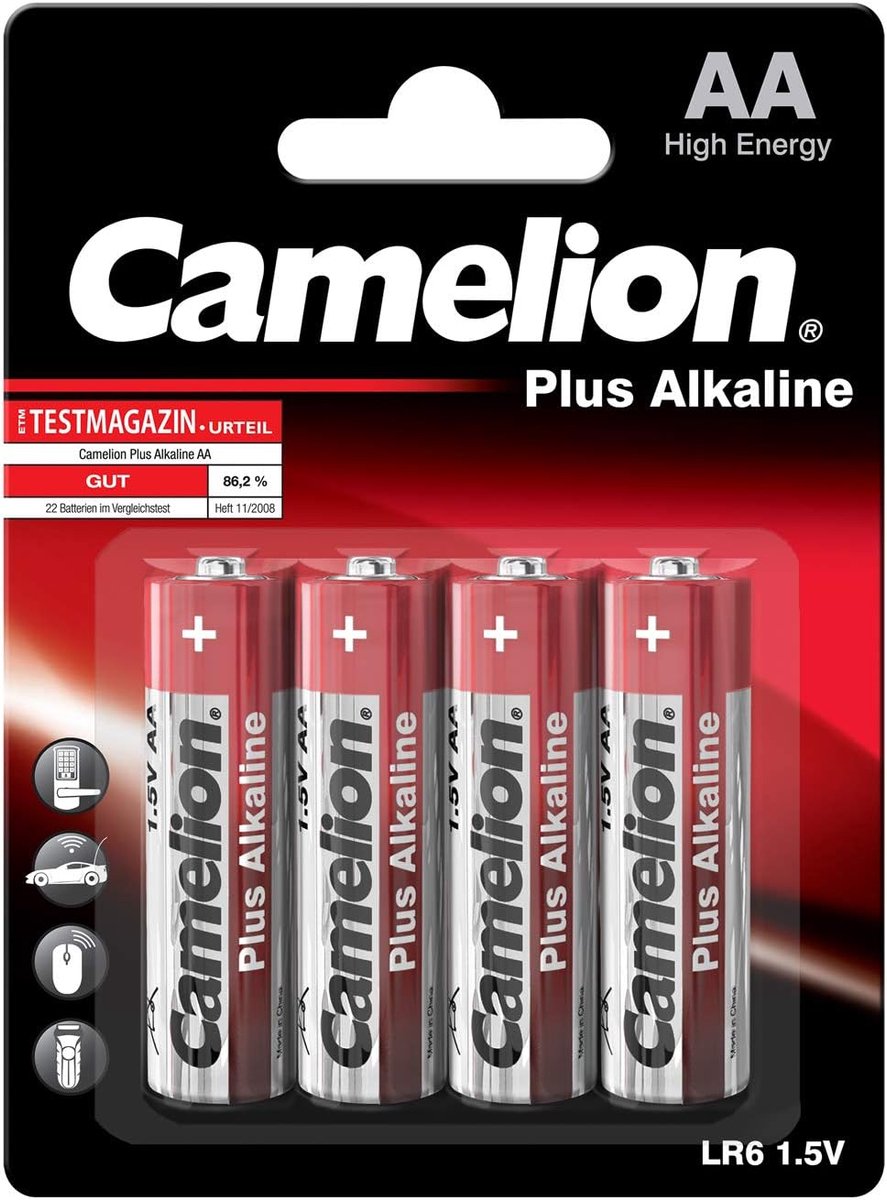 Batterijen Plus AA - Alkaline Energiecellen - Elektronische Apparaten - Lange Levensduur 5 Jaar - 4 Stuks - Rood-Zilver