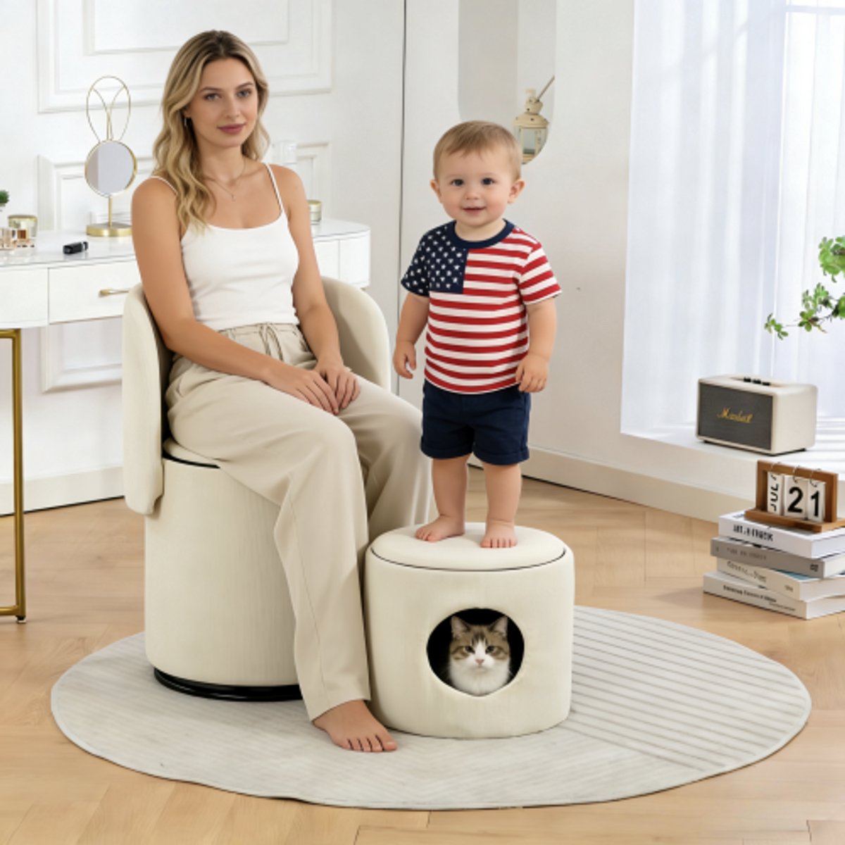 YYchan Fauteuil - Make Up Stoel & Draaifauteuil - 360°Draaibare Stoel met Opbergruimte - Corduroy - Beige