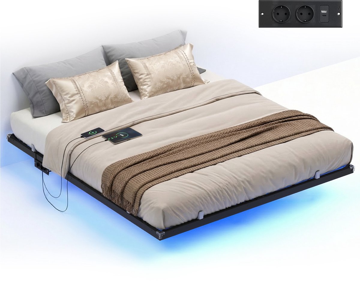 VASAGLE - Bed - Metalen Bed - Met Zwevend Effect - Ledverlichting - Afneembare Stekkerdoos