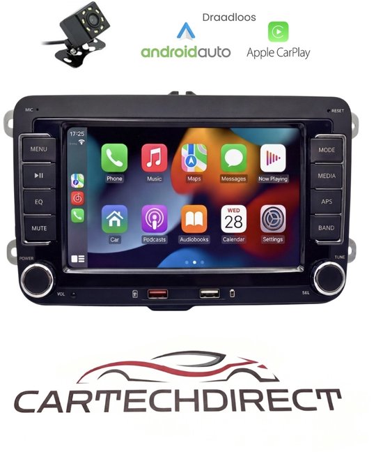 CarTechDirect ® - Volkswagen CarPlay scherm- met Apple Carplay & Android auto (Draadloos) -Plug&Play- voor Volkswagen, Skoda & Seat - Golf, Polo, Tiguan, Touran,...-7inch Touchscreen scherm-Bluetooth-Usb-Achteruitrijcamera