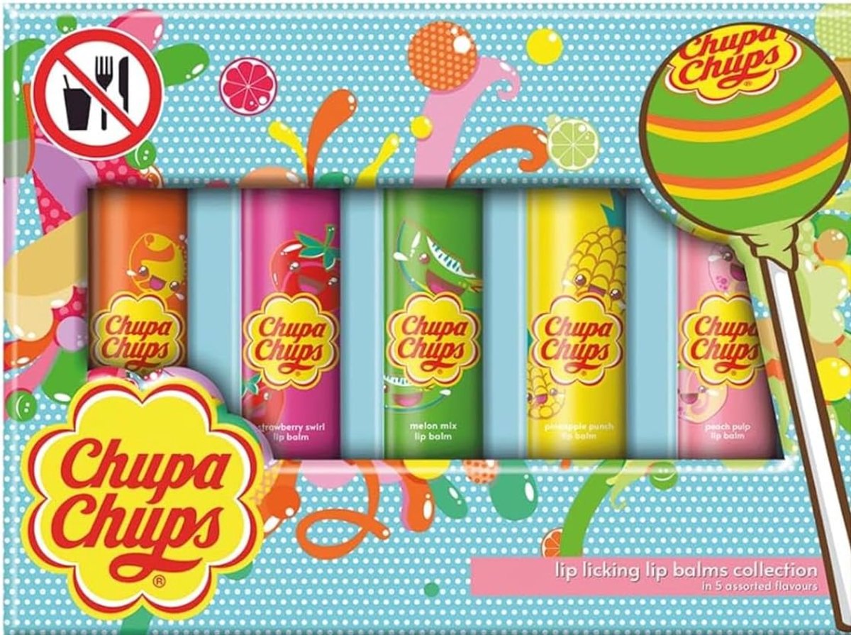 Chupa Chups - Lippenbalsem - Set met 5 stuks - Sinaasappel, Aardbei, Meloen, Ananas, Perzik - In doosje verpakt