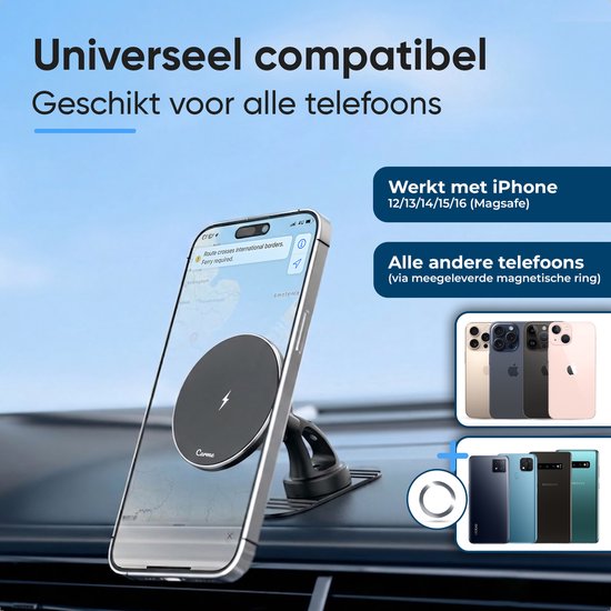 Overzicht van compatibiliteit: iPhone 12-16 (MagSafe) en andere telefoons met ring, getoond in CarMe houder.