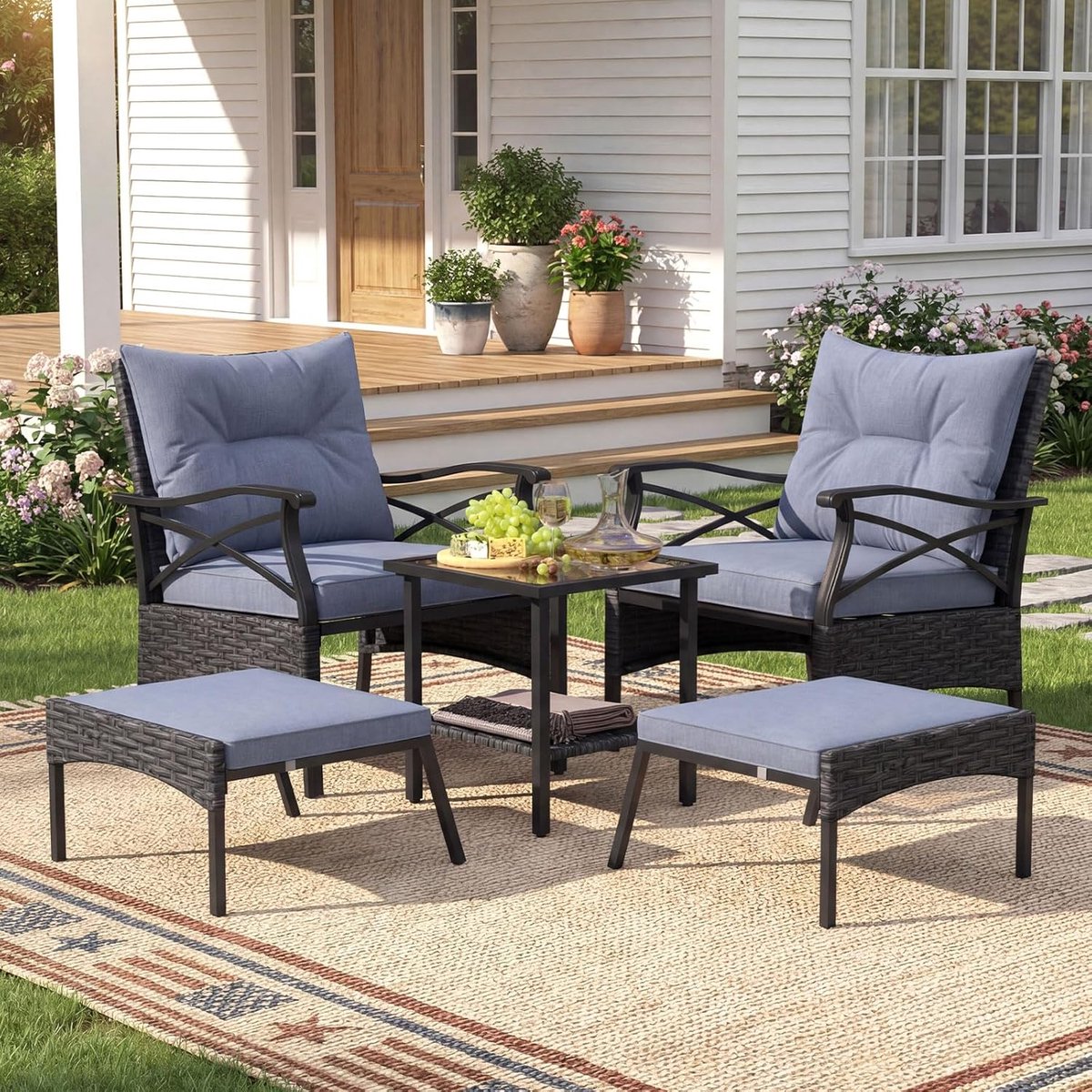 Luxe 5-Delige Barcelona Loungeset met Inschuifbare Hockers en 2-Laags Bijzettafel - Antraciet Rope Design & Acaciahout - Inclusief Weerbestendige Kussens