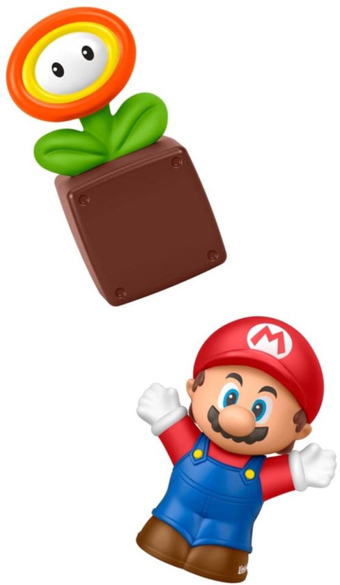 Mario en een vuurbloem in een potje, zwevend.