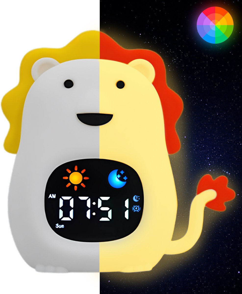 Maness® Leeuw Slaaptrainer - Kinderwekker - Slaapwekker - Met nachtlamp functie en wekker timer - Slaaphulp voor kinderen vanaf de peuter leeftijd - Ook leuk als nachtlampje voor baby's