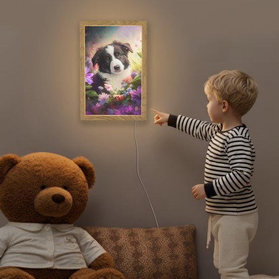 Nachtlampje 20x30 cm - Kinder lamp - Puppy - Zon - Bloemen - Natuur - Bordercollie - Hond - Tafellamp kinderkamer - Slaapkamer lamp - Bedlamp kinderen - Kinderlampje stopcontact - Wandlamp babykamer - Nachtlampjes van Merkloos — afbeelding 5