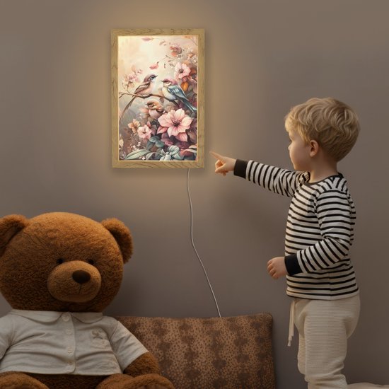 Nachtlampje 20x30 cm - Kinder lamp - Vogels - Bloemen - Roze - Pastel - Tafellamp kinderkamer - Slaapkamer lamp - Bedlamp kinderen - Kinderlampje stopcontact - Wandlamp babykamer - Nachtlampjes van Merkloos — afbeelding 5