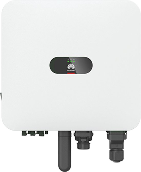 Witte Huawei omvormer met logo en groene LED-indicatoren aan de voorkant.