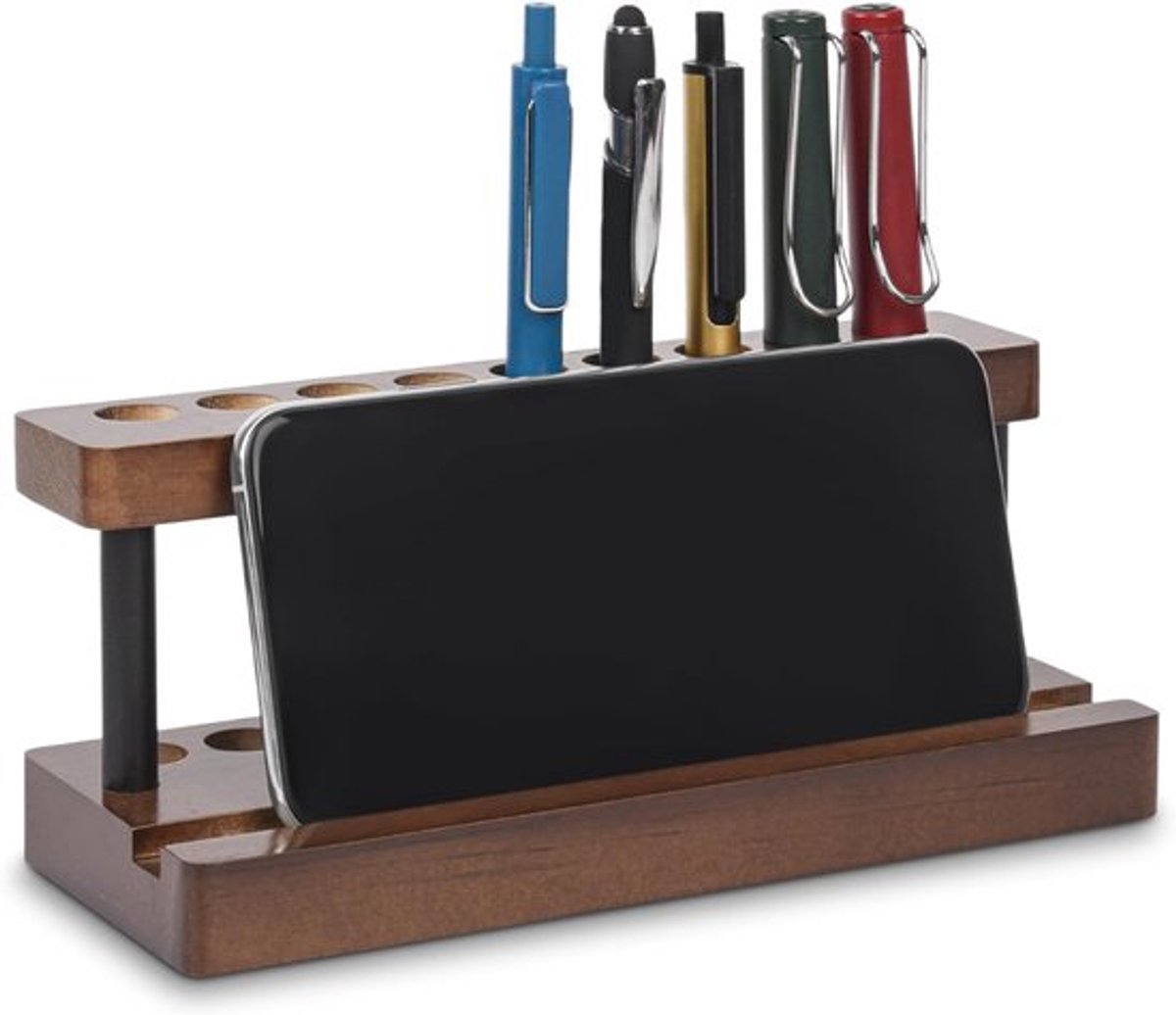 Houten bureau-penhouder - Houten penhouder, pendisplaystandaard met 9 sleuven en telefoonhouder - Stijlvolle bureaudecoratie - Kantoor - Penhouder voor thuis