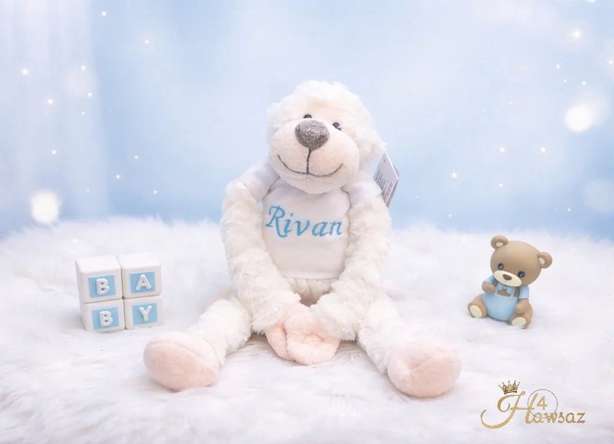 Slingeraapje met naam geborduurd 1 stuk Creme kleur - Hawsaz.nl cadeau - Baby knuffel met naam - Geboortecadeau - Cadeau voor jongens en meisjes - Verjaardag cadeau - Baby en peuter cadeau - Kraamcadeau - Gepersonaliseerde - knuffel -Kado met naam