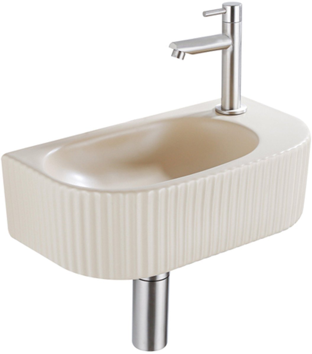 QeramiQ Fuente Fonteinset - 40x21.5x12cm - rechts - glad - halfrond - 1 kraangat - keramiek - fonteinkraan geborsteld rvs - afvoerplug - verlaagd sifon - beige