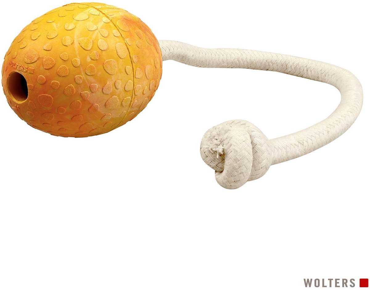 Wolters honden speelgoed - Apporteerspeelgoed struisvogelei - hondenspeeltje met touw – Natuurlijk rubber – Hondenspeelgoed bal – Mango