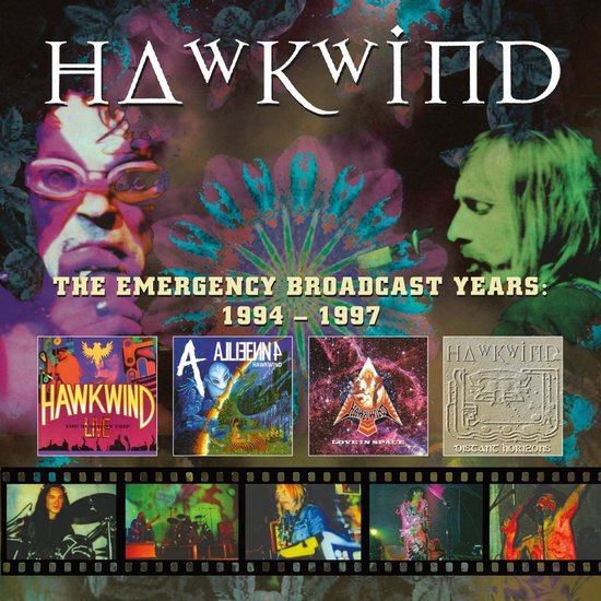 Hawkwind, The Emergency Broadcast Years: 1994-1997 albumhoes met vier kleinere albumhoezen en vijf filmstroken.