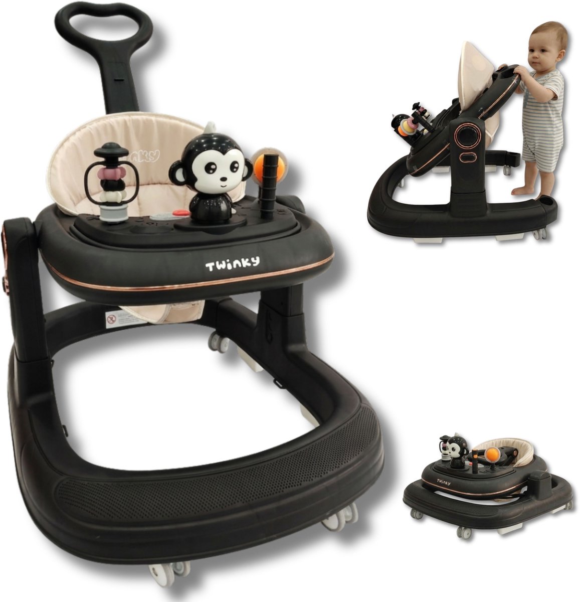 Twinky® Babywalker GO - 4-in-1 Loopstoel Baby & Loopwagen met 3-delige speelset – Loopstoeltje & Loopkar Inklapbaar inclusief Voetenmat en Steel