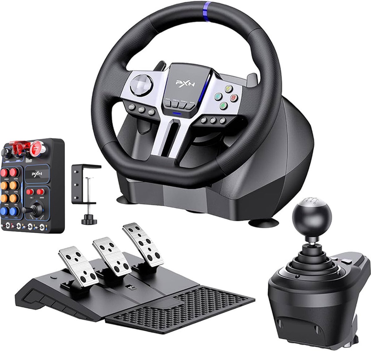 PXN V9 Gen 2 Racestuur + CB-1 - Buttonbox - Value Pack - Complete Sim Racing Setup met Pedalen & Shifter - 270/900° - PS4, Xbox, PC - Zwart
