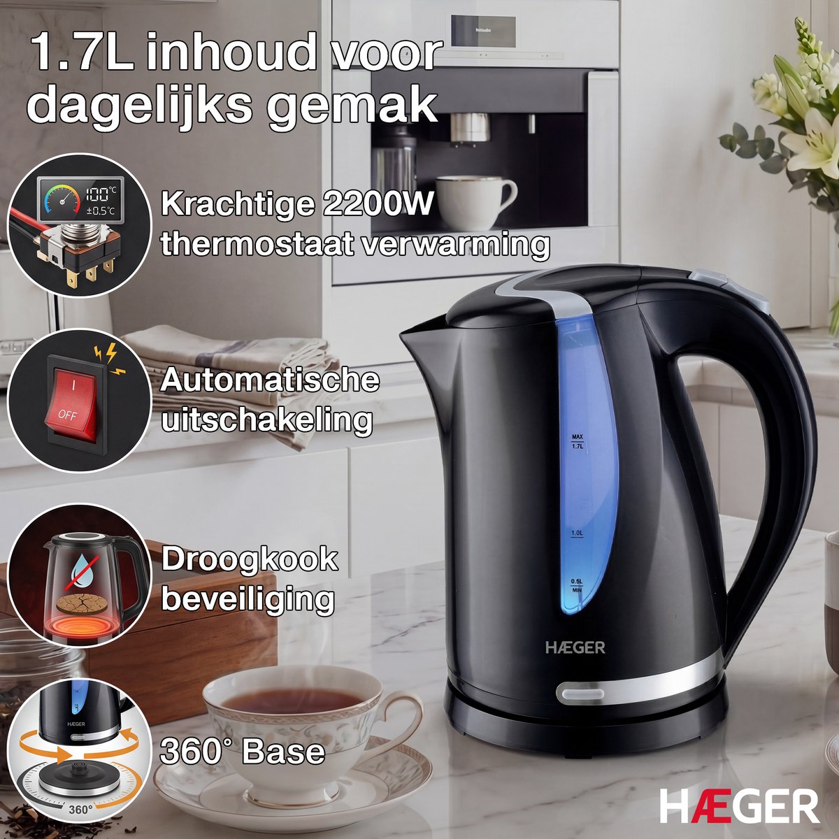 Haeger Blackness Waterkoker - 360° draaibaar - 1.7L - 2200W - Elektrisch - Cool Touch - Zwart — afbeelding 2