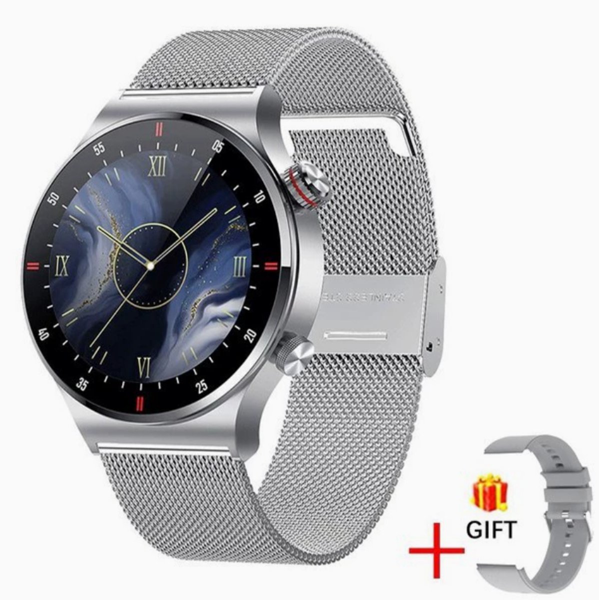 Knobbout 1,28" Scherm IPS inch Touchscreen smartwatch- Met de roterende knop wissel je snel tussen schermen- Persoonlijk Wijzerplaatontwerp - Bluetooth bellen en contacten synchronisatie - zilver staal+siliconen horlogeband