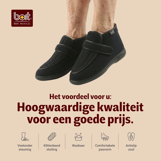 Zwarte verbandsschoenen met klittenbandsluiting, ritssluiting, icons voor steun, sluiting, wasbaar, pasvorm, zool.