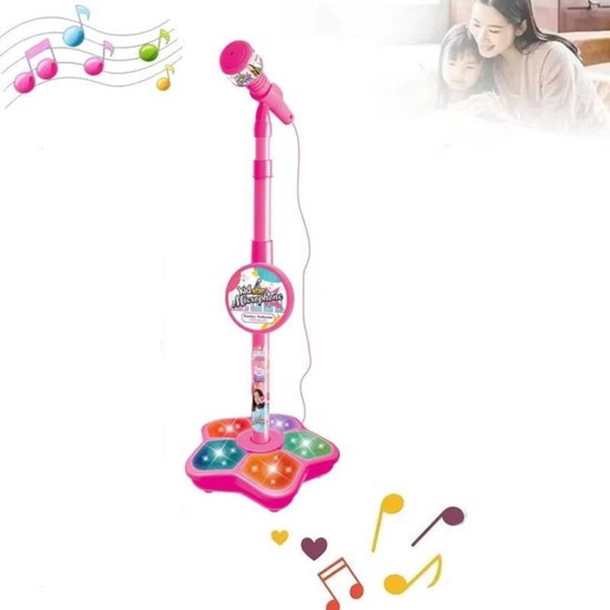 Roze Kind Microfoon Met Stand - Met Verlichting & Muziek, KARAOKE Microfoon Speelgoed voor Peuters