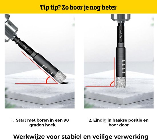 Demonstratie van het boren van een gat in een tegel. Links: boren op 90 graden. Rechts: boren op haakse positie.