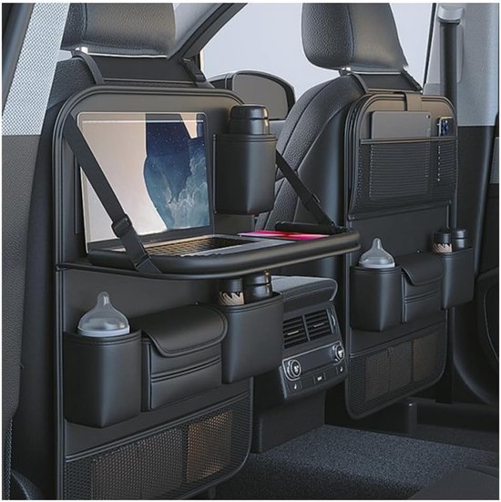 Organisateur noir pour siège de voiture, fixé à l'arrière des sièges, avec un plateau supportant un ordinateur portable et des biberons.