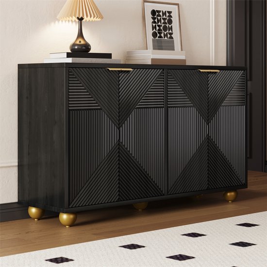 Zwarte dressoorkast met gouden ronde pootjes en deuren met geometrisch patroon.