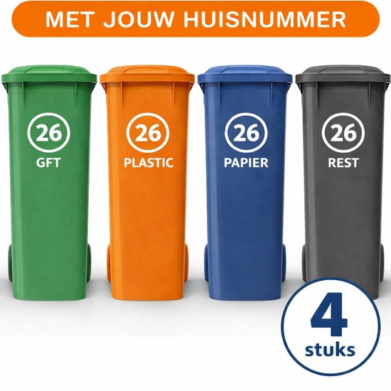 Container Stickers - Voordeelset 4 stuks - 15x20 cm - Container / kliko sticker huisnummer - afvalcontainer sticker - klikosticker - Rondje met huisnummer en tekst: Plastic, Papier, GFT en Restafval